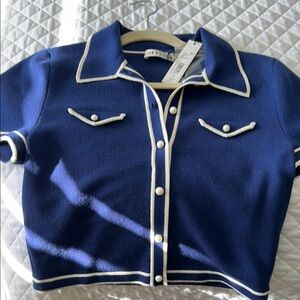 Blue Short Sleeve Button-Up Top